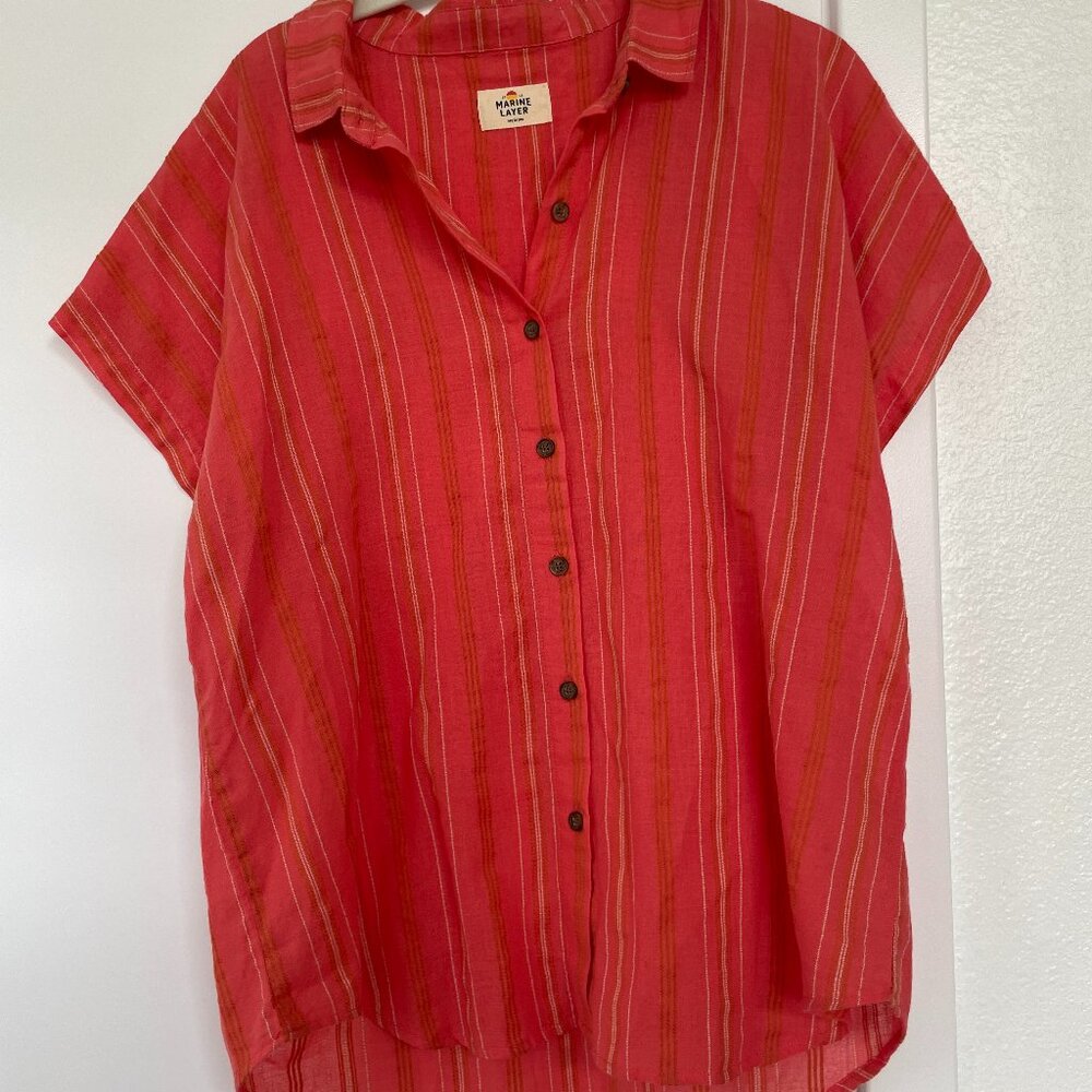 Marine Layer  Red Vertical Stripe‎ Short Sleeve Button Down Shirt, M, 15934